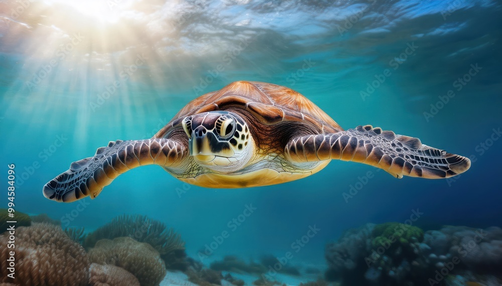 Obraz premium a turtle swims in the clean clear water. beautiful underwater world.