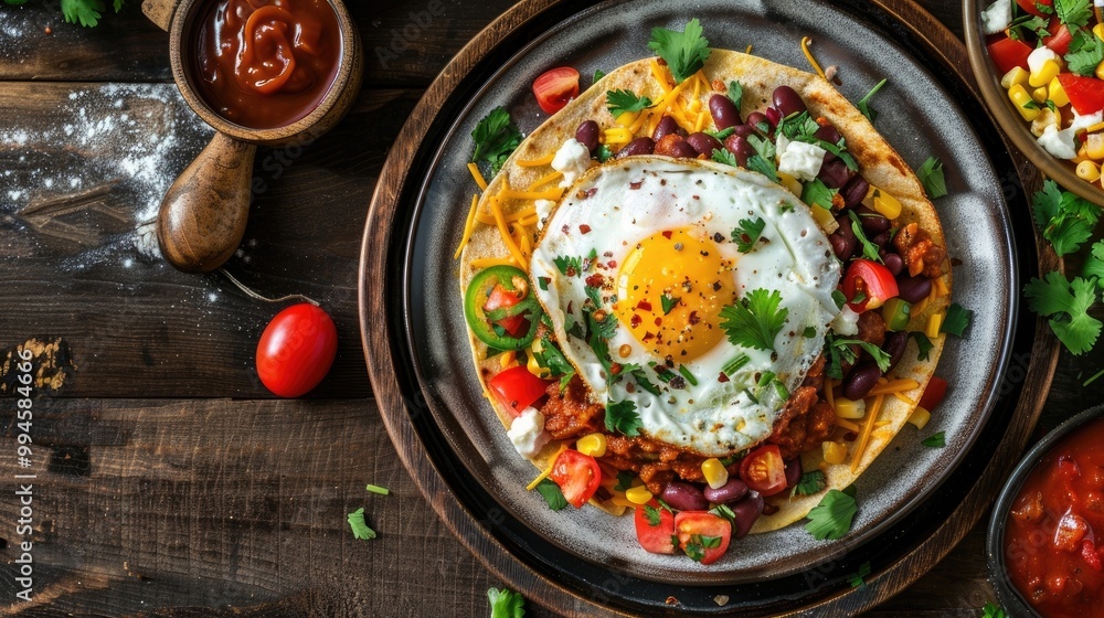 Vibrant plate of huevos rancheros with refried beans. Vibrant plate of huevos rancheros with refried beans.