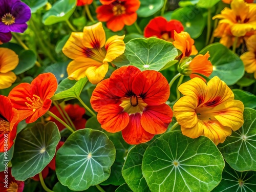 Wallpaper Mural Vibrant Nasturtium Flower Blooms in Garden, Showcasing Bright Colors and Unique Leaf Shapes Torontodigital.ca