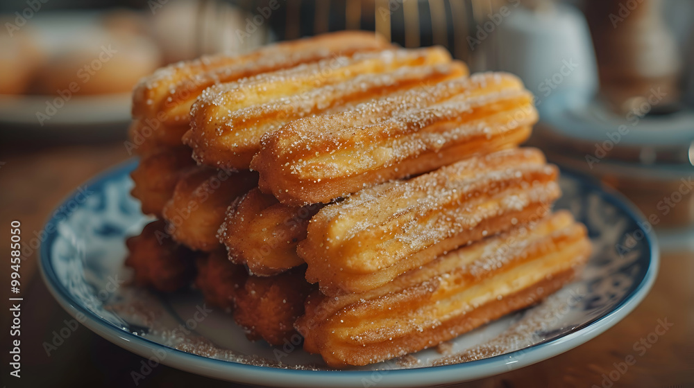 A plate of freshly fried churros dusted with cinnamon sugar, captured using an ultra HD camera with a ring light for even illumination A plate of freshly fried churros dusted with cinnamon sugar, captured using an ultra HD camera with a ring light for even illumination