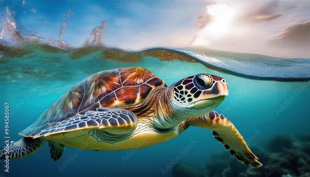 Fototapeta premium a turtle swims in the clean clear water. beautiful underwater world.