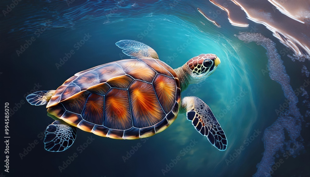 Obraz premium a turtle swims in the clean clear water. beautiful underwater world.