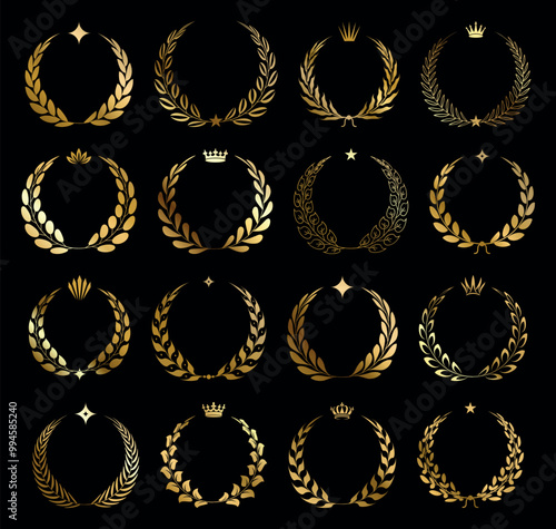 Set of golden laurel wreaths frames with crown and star on black background. Collection of different golden silhouette laurel foliate, olive wreaths award, achievement, heraldry, nobility and game dev