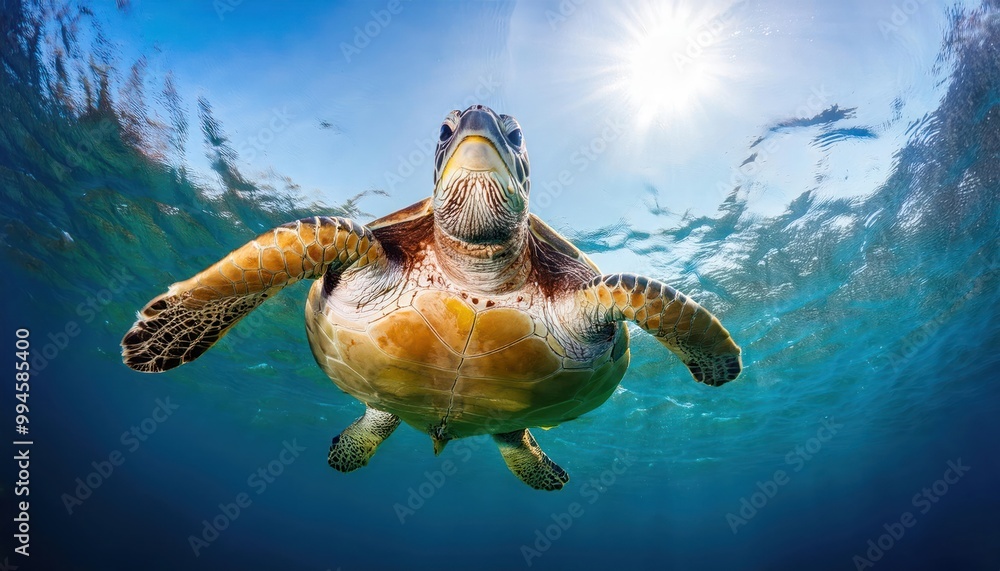 Obraz premium a turtle swims in the clean clear water. beautiful underwater world.