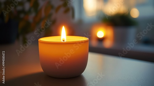 Minimalist Modern Single-Lit Candle with Warm Glow Creating Calming Atmosphere