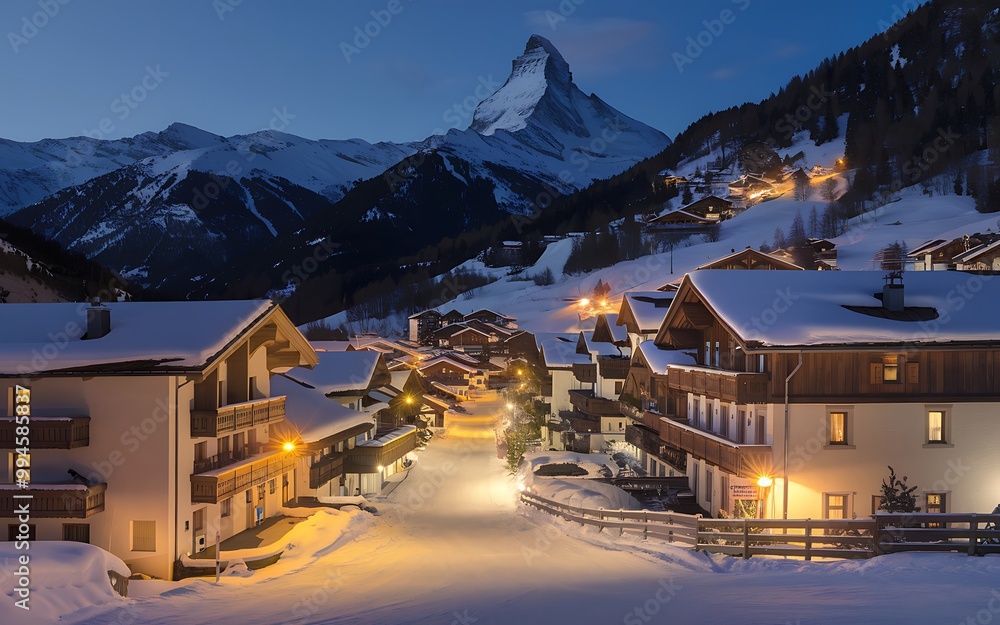 A picturesque village nestled in the snow-covered Swiss Alps, with the ...