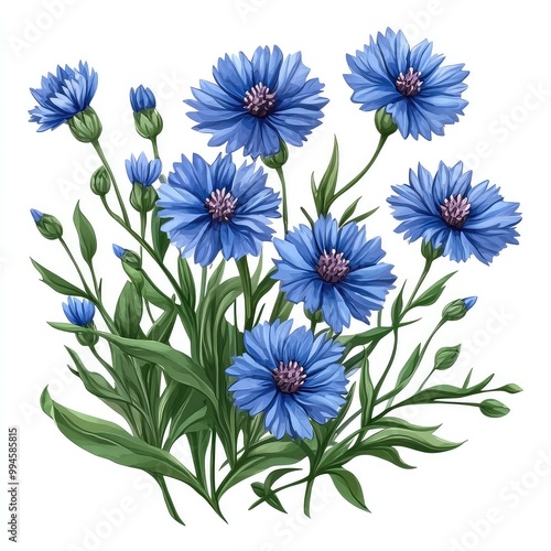 Detailed Illustration of Cornflowers with Green Leaves, Vibrant Botanical Artwork for Nature-Themed Designs