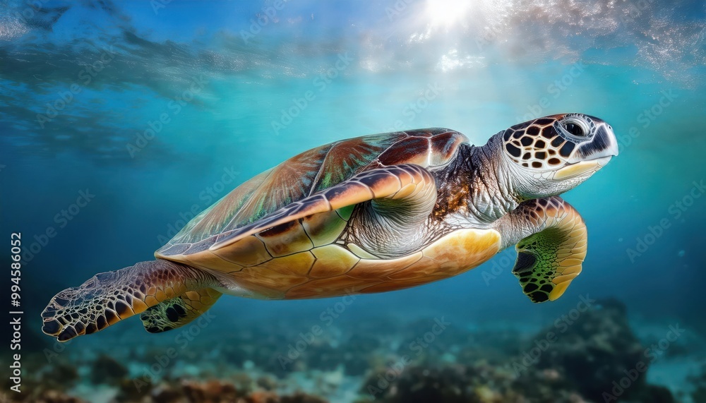 Obraz premium a turtle swims in the clean clear water. beautiful underwater world.