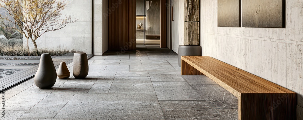 Modern Scandinavian foyer with sleek stone tiles, an elegant wood bench, and a series of minimalist sculptures that add artistic flair Modern Scandinavian foyer with sleek stone tiles, an elegant wood bench, and a series of minimalist sculptures that add artistic flair
