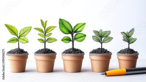 Progressive Growth Stages of Potted Plants Isolated on White, Showcasing Development from Seedling to Maturity with Vibrant Green Foliage