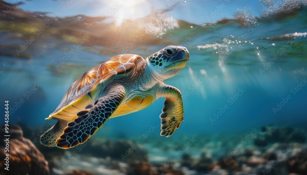 Obraz premium a turtle swims in the clean clear water. beautiful underwater world.