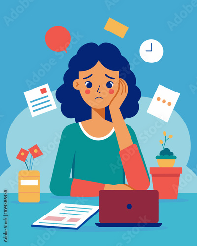 A woman sitting at her kitchen table surrounded by unpaid bills and a worried expression as she sees her credit score take a dip.. Vector illustration