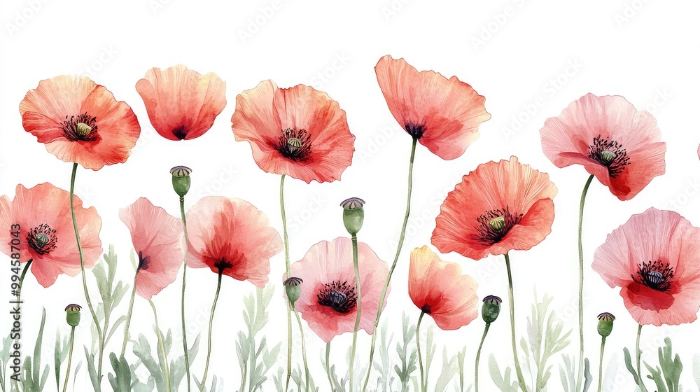 Naklejka premium Watercolor Wildflower Bouquet Pattern Featuring Poppies