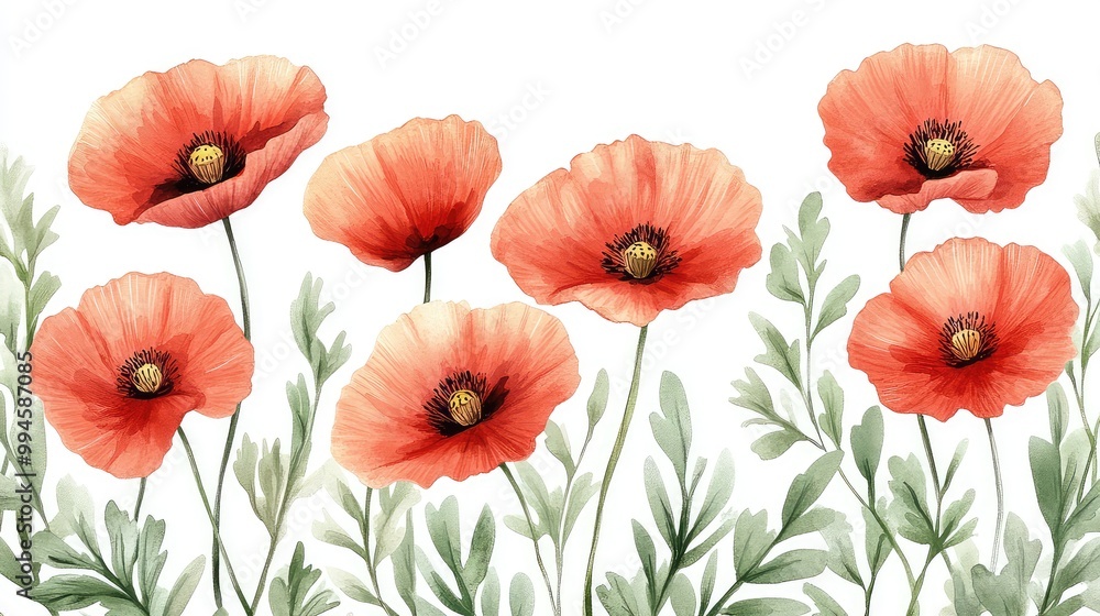 Fototapeta premium Watercolor Wildflower Bouquet Pattern Featuring Poppies