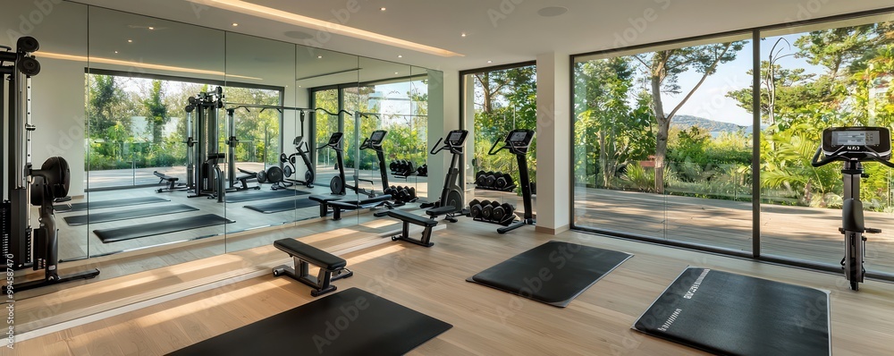 Modern Scandinavian home gym featuring a minimalist design with ...