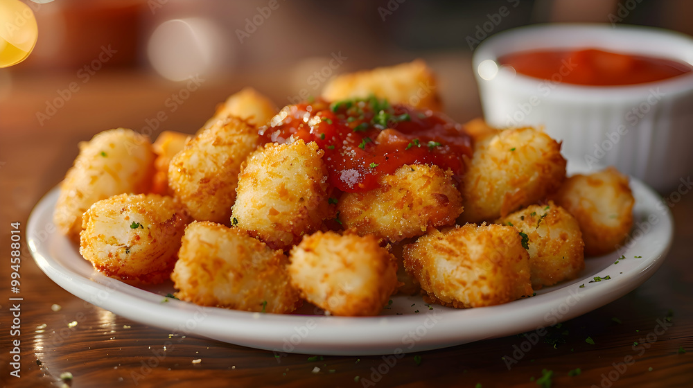 A plate of golden, crispy mozzarella sticks with marinara sauce, captured using an ultra HD camera with a ring light for even illumination A plate of golden, crispy mozzarella sticks with marinara sauce, captured using an ultra HD camera with a ring light for even illumination