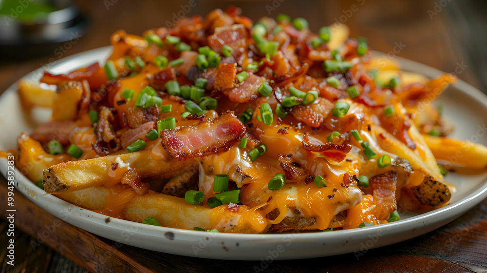 A plate of loaded fries topped with melted cheese, bacon, and green onions, captured using an ultra HD camera with a ring light for even illumination A plate of loaded fries topped with melted cheese, bacon, and green onions, captured using an ultra HD camera with a ring light for even illumination
