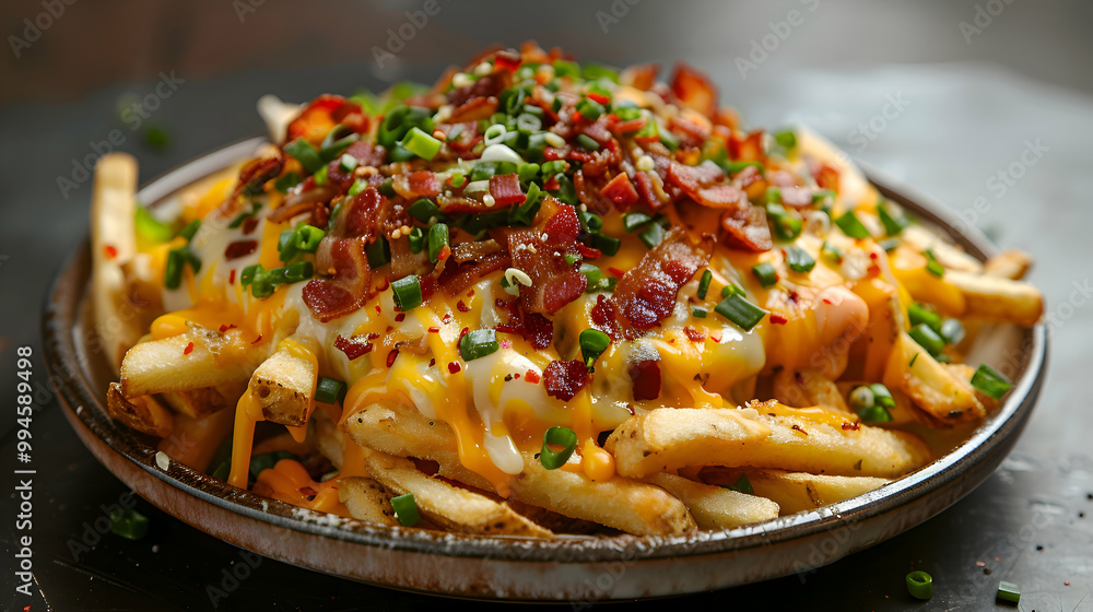 A plate of loaded fries topped with melted cheese, bacon, and green onions, captured using an ultra HD camera with a ring light for even illumination A plate of loaded fries topped with melted cheese, bacon, and green onions, captured using an ultra HD camera with a ring light for even illumination