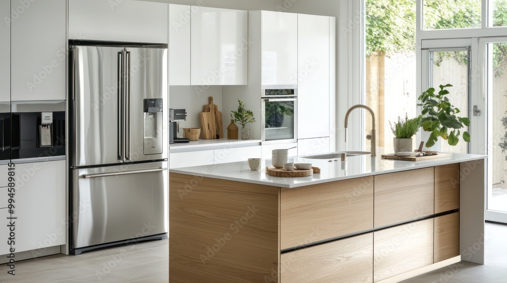 View of Modern Scandinavian kitchen with sleek white cabinets, a light oak ...