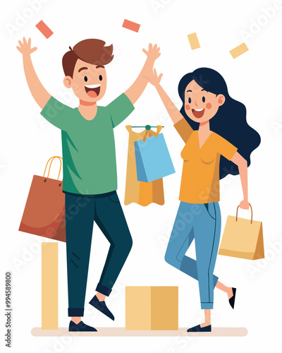 A young couple eagerly takes advantage of the Buy One Get One Free deal at their favorite clothing store.. Vector illustration