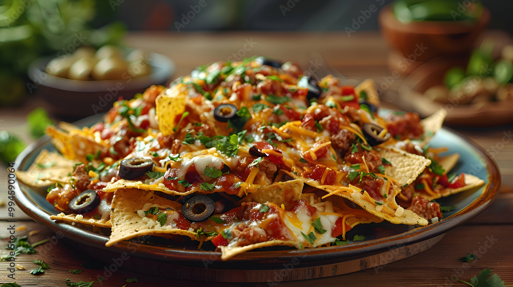 A plate of loaded nachos with cheese, jalapenos, and olives, captured using an ultra HD camera with a ring light for even illumination A plate of loaded nachos with cheese, jalapenos, and olives, captured using an ultra HD camera with a ring light for even illumination
