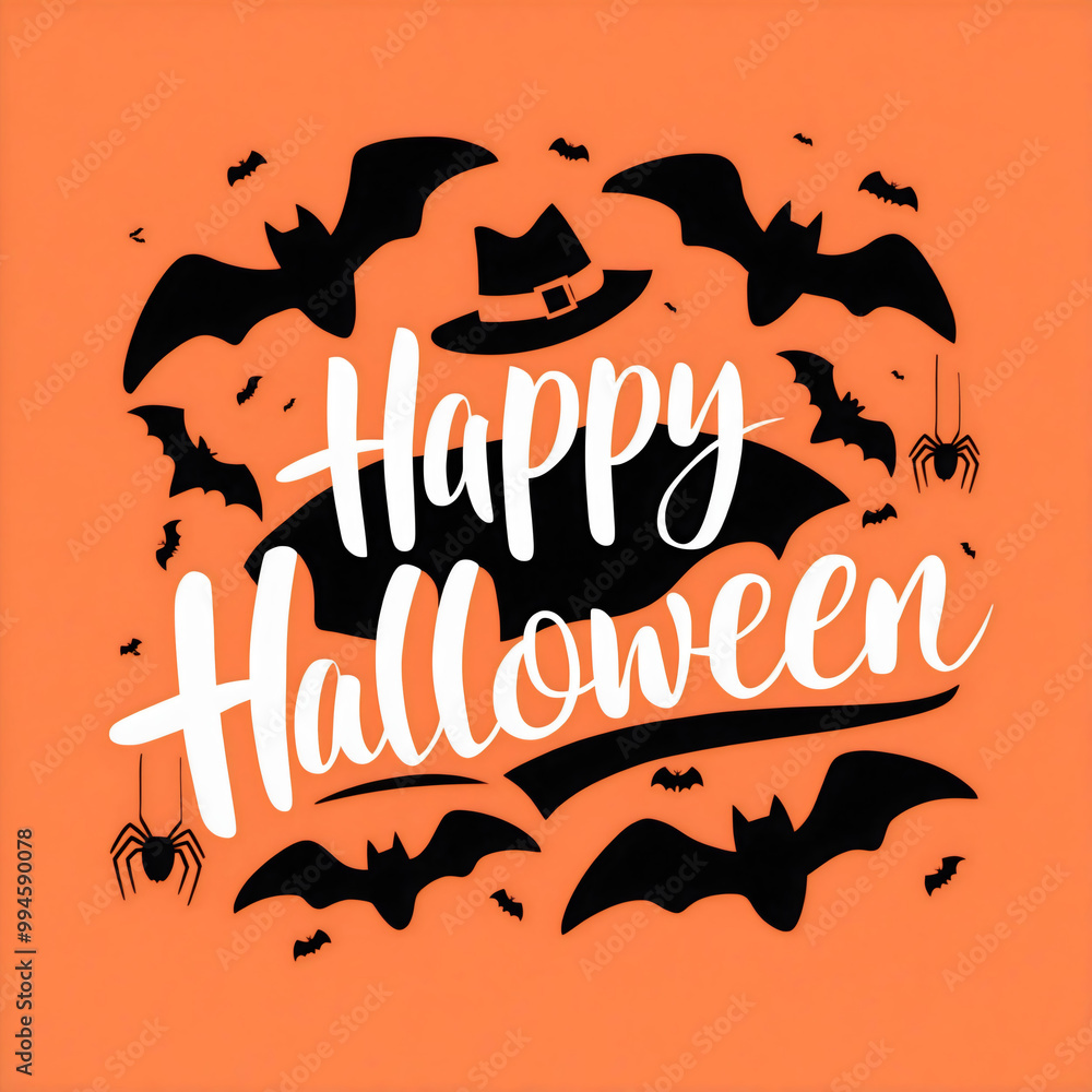 Happy Halloween text in bold, accented by bats, hat and spiders, playful font on a vibrant orange background, evoking festive spirit and joy, t-shirt design, poster, flyer, greeting card, flat style Happy Halloween text in bold, accented by bats, hat and spiders, playful font on a vibrant orange background, evoking festive spirit and joy, t-shirt design, poster, flyer, greeting card, flat style