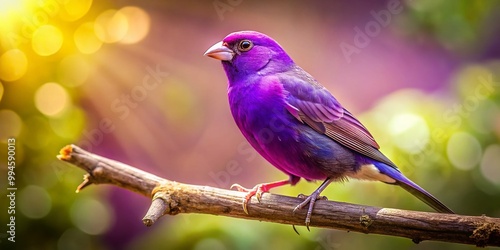 Vibrant Purple Canary Bird Perched on a Branch Against a Soft Natural Background in Bright Light photo