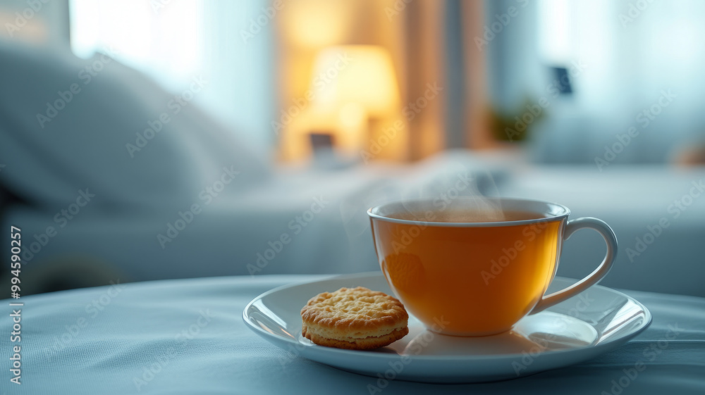 A cup of tea with a cookie on a saucer in a cozy bedroom setting.
