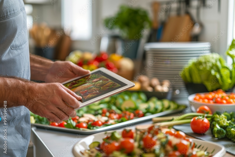 Obraz premium Culinary preparation with digital tablet in modern kitchen