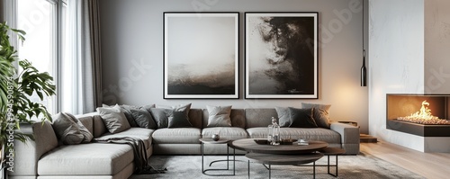 Modern Scandinavian living room with an L-shaped couch, a bio-ethanol fireplace, and large art prints in monochromatic tones photo