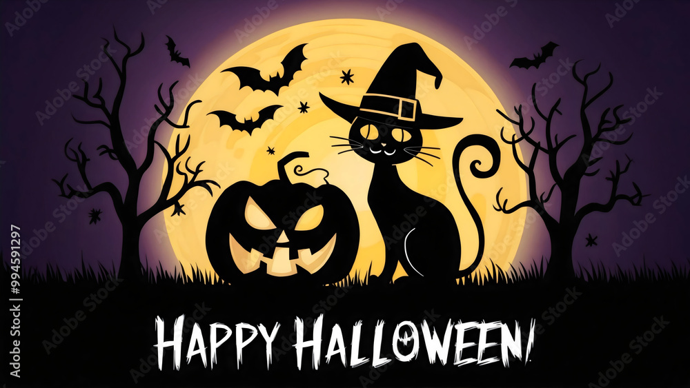 Halloween card featuring a black cat in a witch hat next to a spooky pumpkin, with a glowing moon and bats in the purple gradient background, at bottom Halloween card featuring a black cat in a witch hat next to a spooky pumpkin, with a glowing moon and bats in the purple gradient background, at bottom