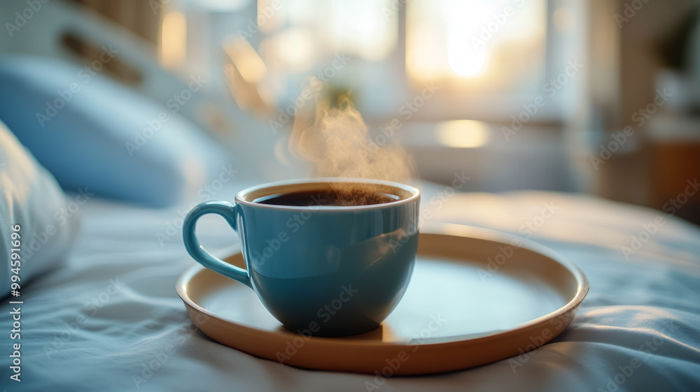 Steaming cup of coffee on a bed tray in the morning sun. Steaming cup of coffee on a bed tray in the morning sun.