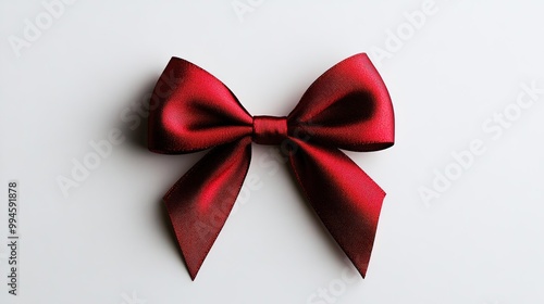 A vibrant red satin bow elegantly placed on a white background, perfect for festive decorations or gift wrapping ideas.