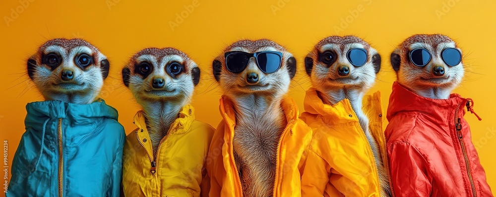 Fototapeta premium A playful group of meerkats wearing colorful jackets and sunglasses, set against a vibrant yellow background, capturing fun and joy.