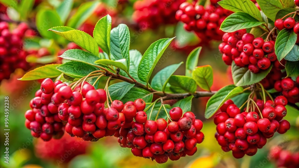 Vibrant Red Chokeberry Bunches on Lush Green Foliage in a Natural Outdoor Setting During Fall Season Vibrant Red Chokeberry Bunches on Lush Green Foliage in a Natural Outdoor Setting During Fall Season