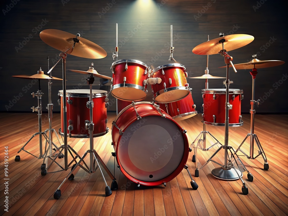 Fototapeta premium Vibrant Red Drum Set with Cymbals and Stands Perfect for Music Studios and Concert Performances