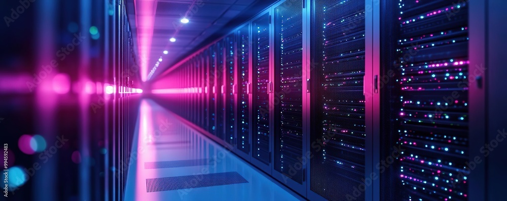 A modern server room illuminated with colorful LED lights, showcasing advanced technology in data storage and management. A modern server room illuminated with colorful LED lights, showcasing advanced technology in data storage and management.