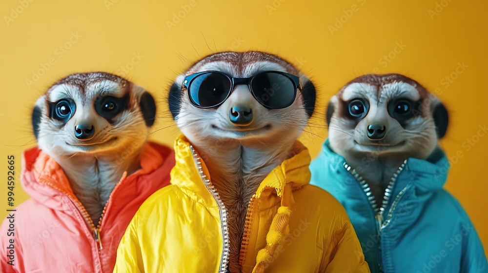 Fototapeta premium Three stylish meerkats pose in colorful jackets and sunglasses against a vibrant yellow background, showcasing their playful charm.