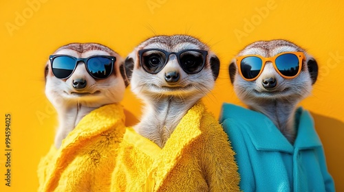 Three stylish meerkats in sunglasses and colorful outfits against a vibrant yellow background.