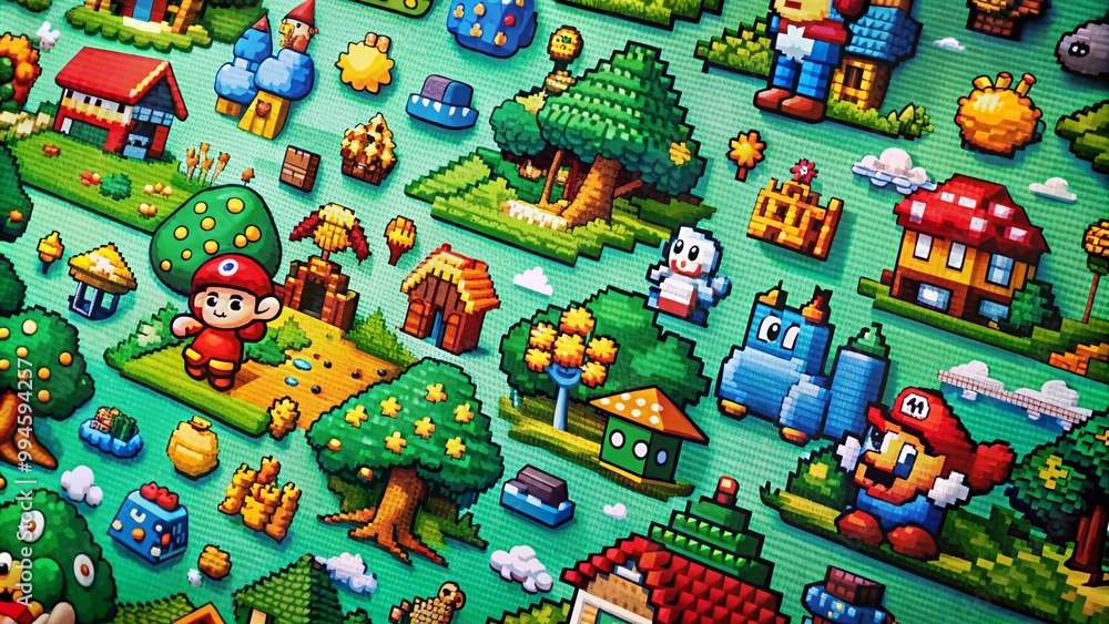 Fototapeta premium Vibrant Retro Video Game Wallpaper with Pixelated Graphics and Nostalgic 8-Bit Style Design