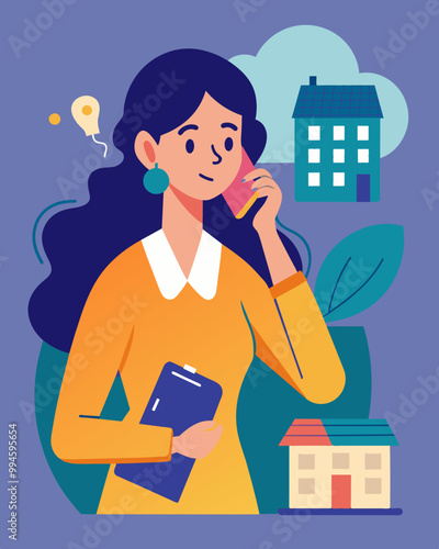 A woman speaks on the phone with her landlord explaining her reduced work hours and asking for an extension on her rent payment. She hopes they can work out a compromise.. Vector illustration