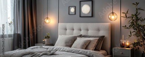 Scandinavian-inspired bedroom with soft gray walls, an upholstered headboard, and delicate lighting that creates a tranquil, restful environment