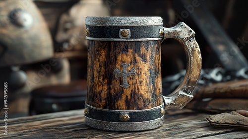 Medieval Wooden Beer Mug with Cross Design