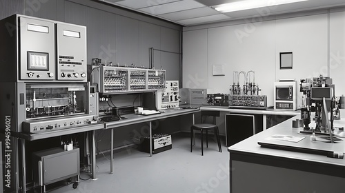 Vintage computer lab in black and white with old technology from 1960s, data processing equipment, monitor, and room decor