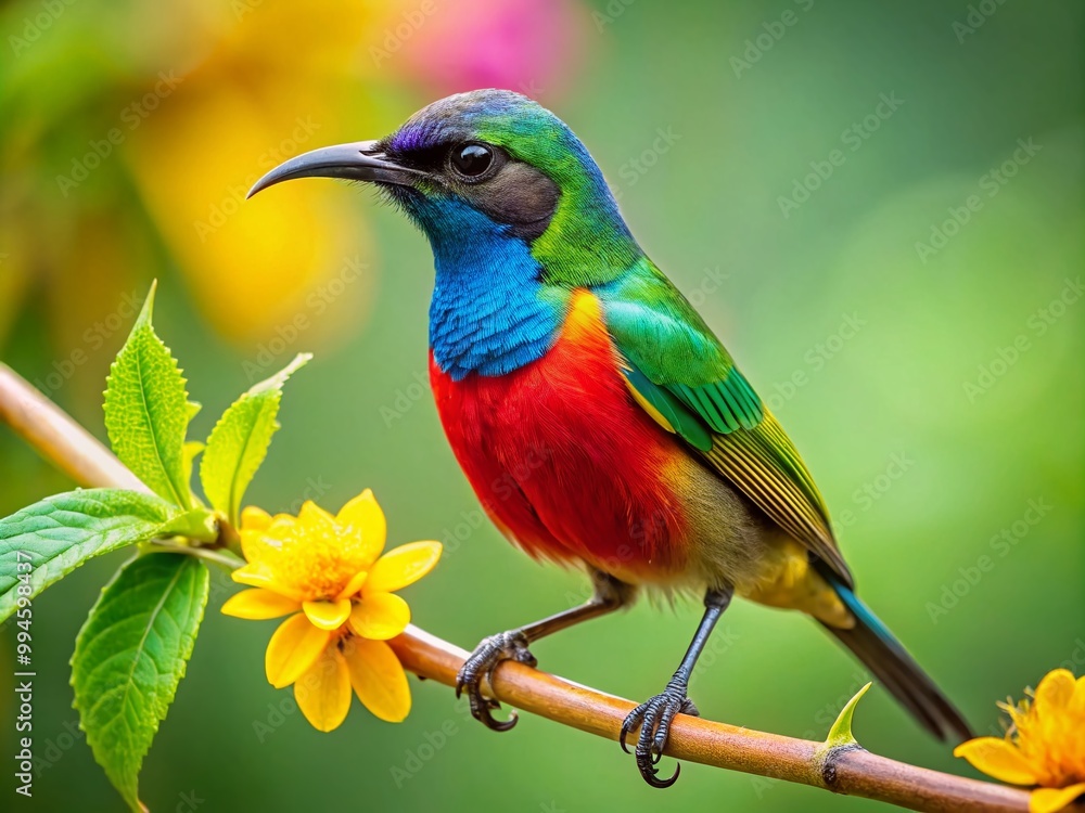 Vibrant Sunbird Perched on a Branch Against a Softly Blurred Green Background in Natural Habitat Vibrant Sunbird Perched on a Branch Against a Softly Blurred Green Background in Natural Habitat