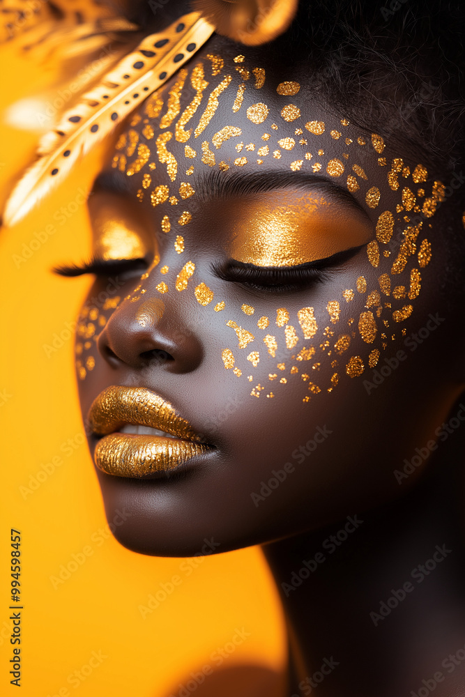 Elegant model with leopard print face paint on yellow background. Elegant model with leopard print face paint on yellow background.