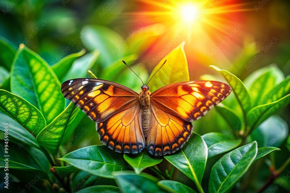 Fototapeta premium Vibrant Sunburst Butterfly Resting on Green Leaves in a Colorful Natural Habitat Under Bright Sunlight
