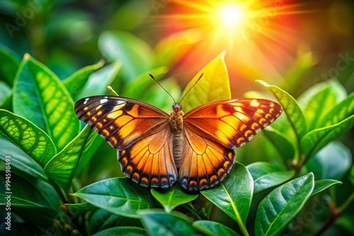 Vibrant Sunburst Butterfly Resting on Green Leaves in a Colorful Natural Habitat Under Bright Sunlight