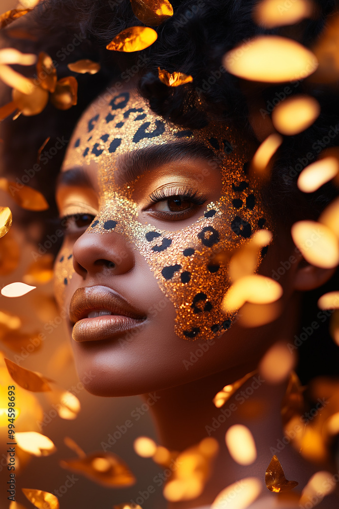 Model with leopard print face mask surrounded by golden autumn leaves, fashion and nature concept. Model with leopard print face mask surrounded by golden autumn leaves, fashion and nature concept.