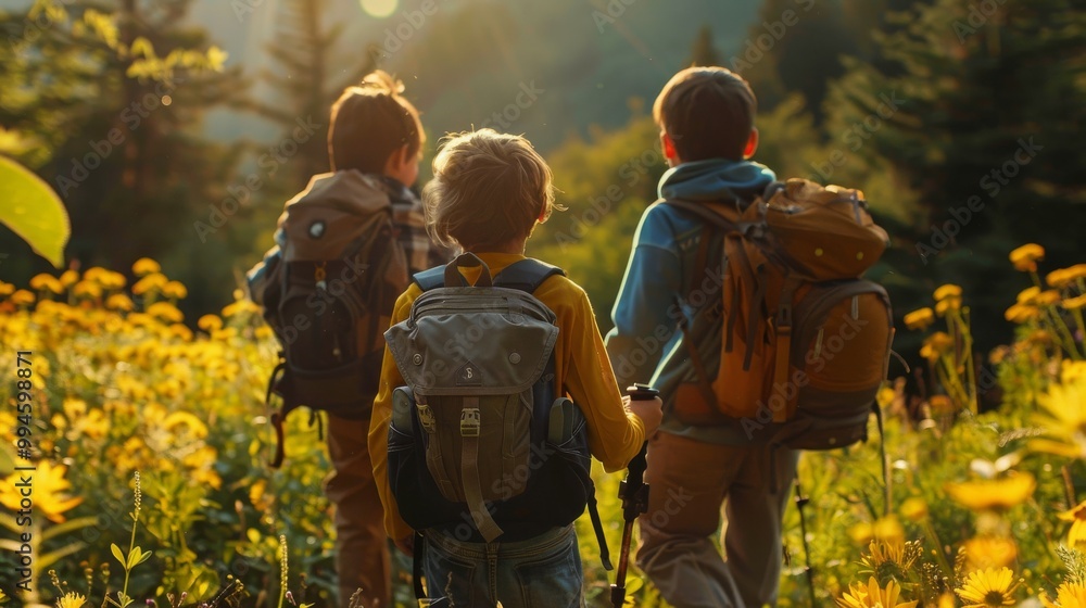 Fototapeta premium Three young friends hike through a field of wildflowers, their backpacks filled with adventure.